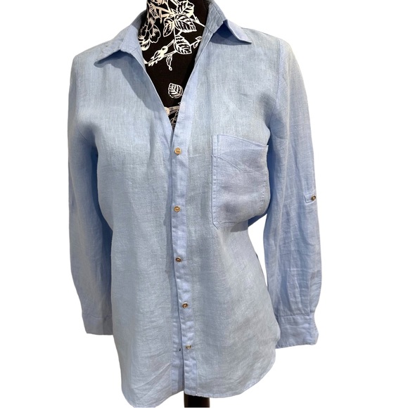Zara Tops - ZARA Linen Top Long Sleeve Button-Up Shirt Light Blue Size XS